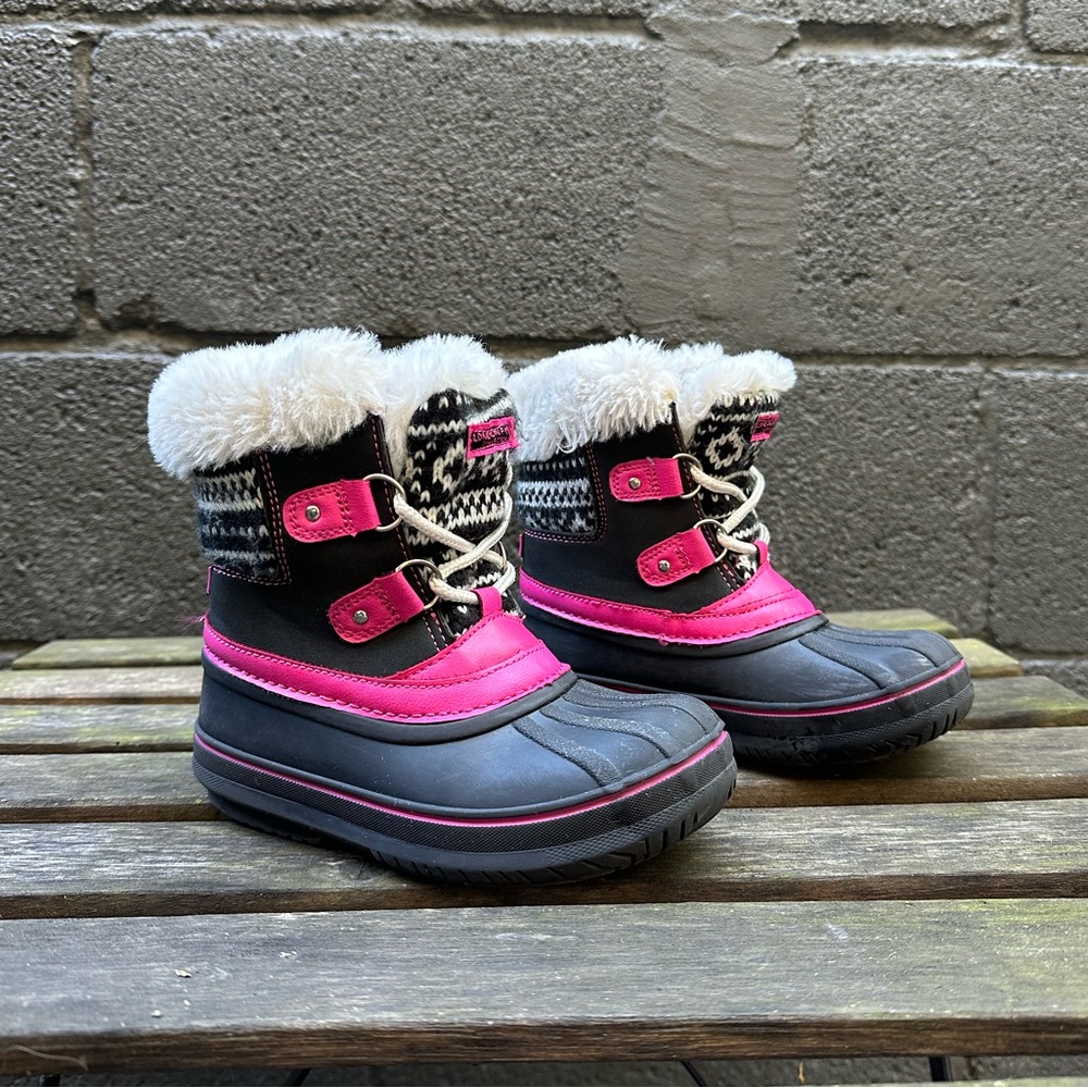 London Fog Girls Size 10 Vegan Fur Lined Snow Black Pink Rain Lace Up Tain Boots